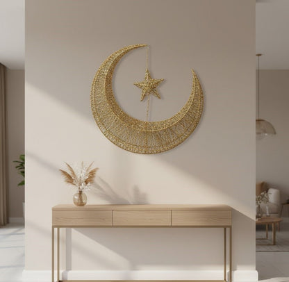 Gold crescent moon and star wall hanging with a woven openwork design