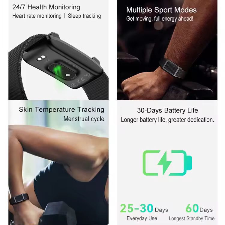 Smart fitness tracker bracelet shown with a sensor, worn during exercise, and battery life graphics