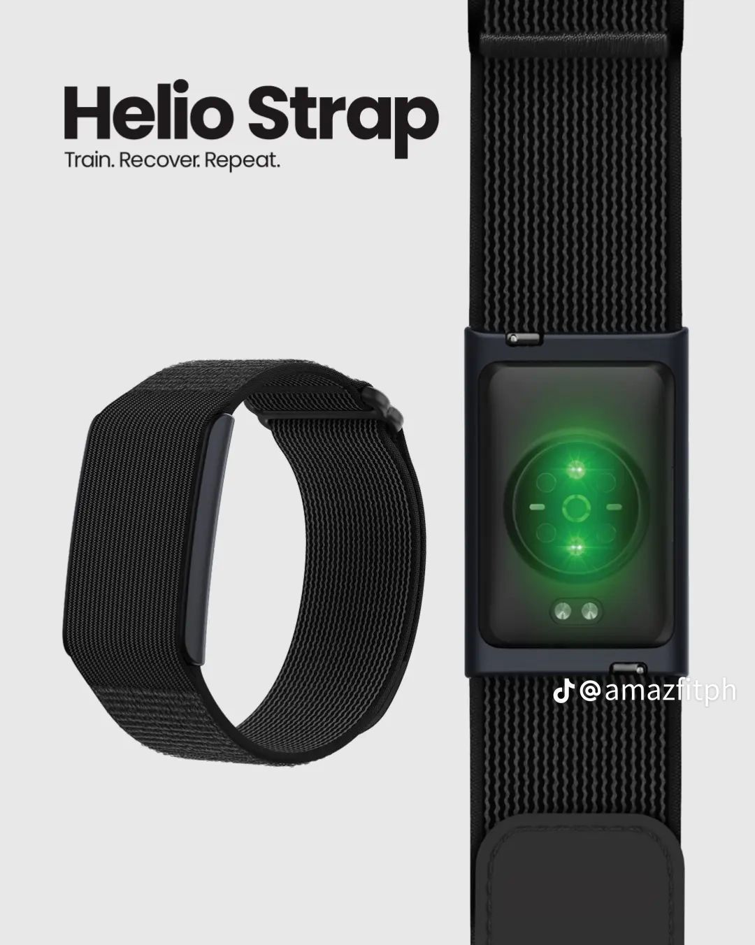 Black Helio Strap fitness tracker with a woven band and a glowing sensor display