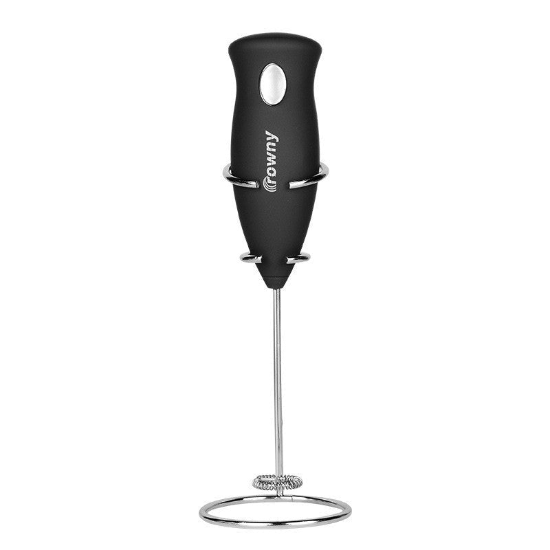 Black electric milk frother with a slim handle, metal shaft and circular whisk head.