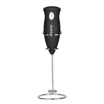 Black electric milk frother with a slim handle, metal shaft and circular whisk head.
