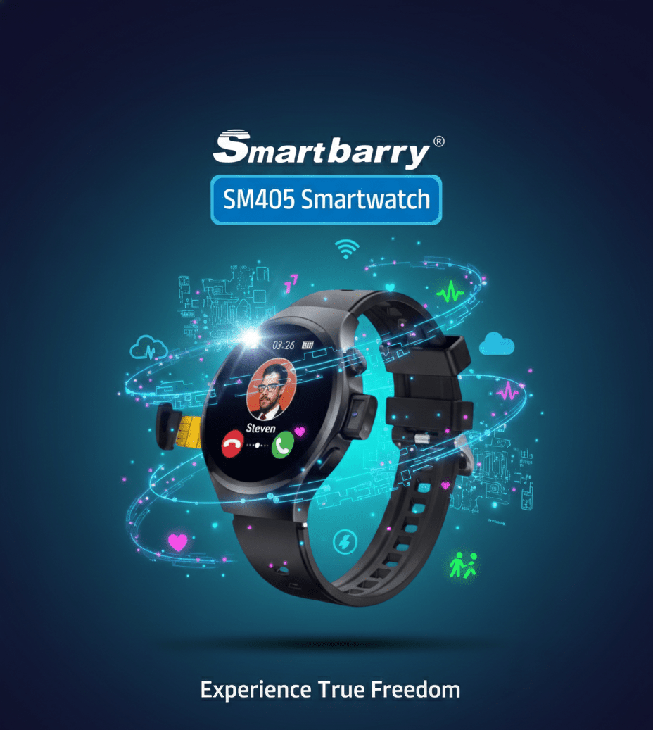 Smartbarry SM405 smartwatch with call controls, round display, and black strap