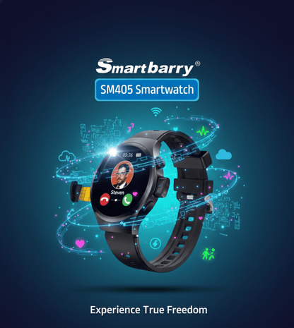 Smartbarry SM405 smartwatch with call controls, round display, and black strap