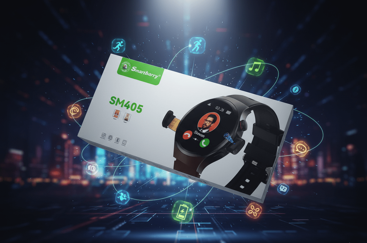 Smartbarry SM405 smartwatch shown beside its product box