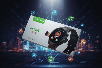 Smartbarry SM405 smartwatch shown beside its product box