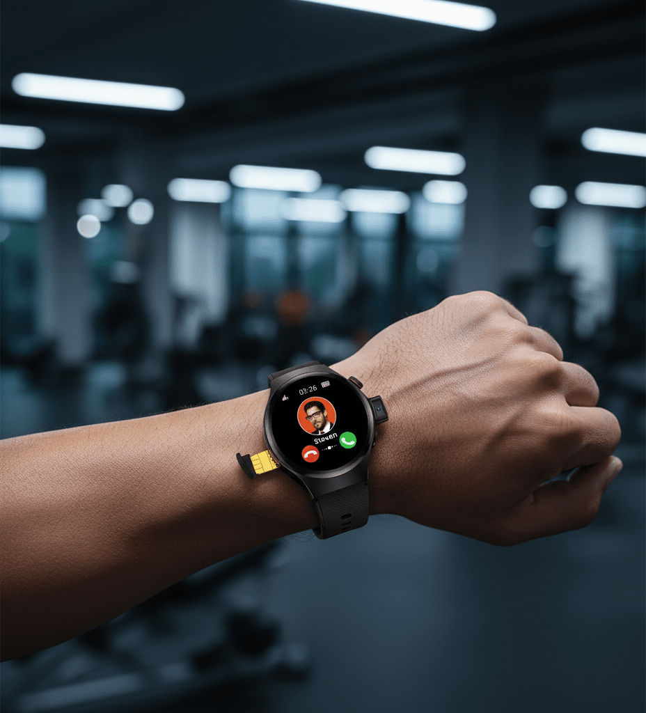 Smartbarry SM405 calling smartwatch with black strap worn on a wrist