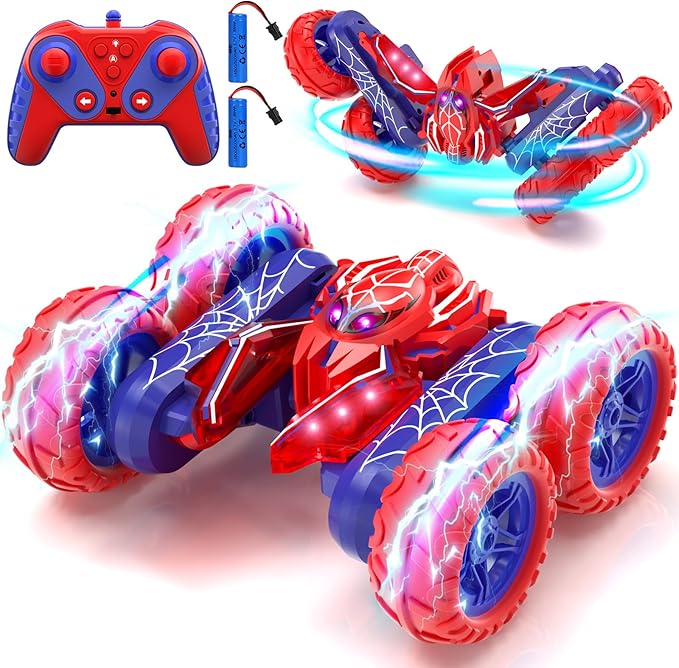 Remote control spider stunt car with red and blue body, four oversized wheels, controller and batteries