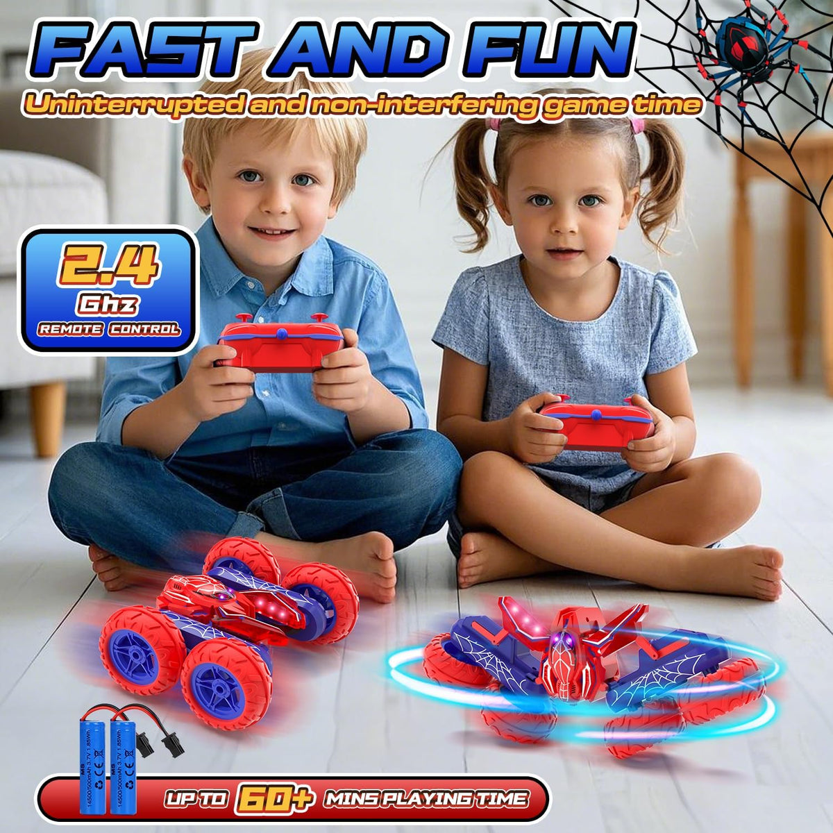 Remote control spider stunt car shown with its red-and-blue controller and oversized wheels