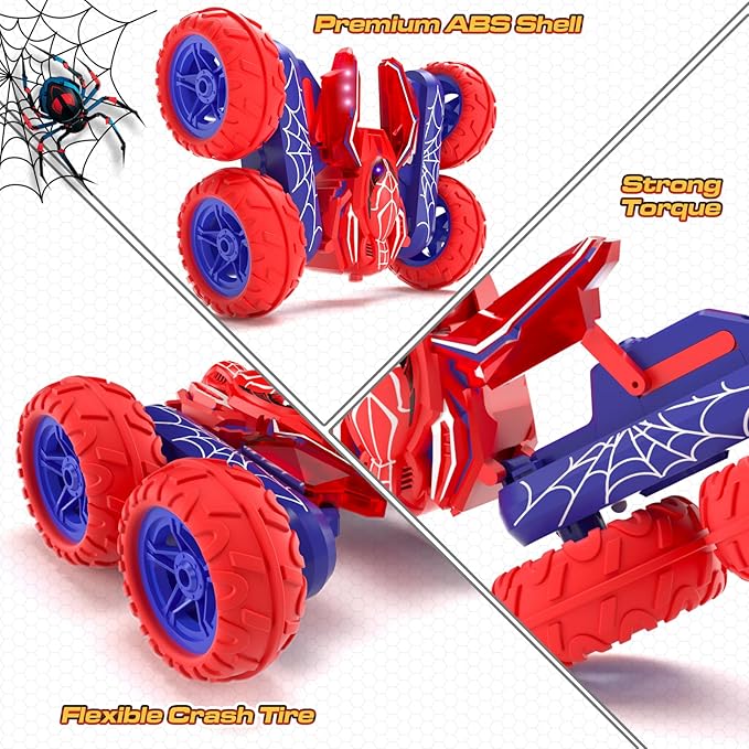 Spider stunt car close-ups showing its web-patterned shell, raised stunt position and flexible tires