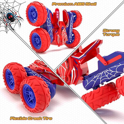 Spider stunt car close-ups showing its web-patterned shell, raised stunt position and flexible tires