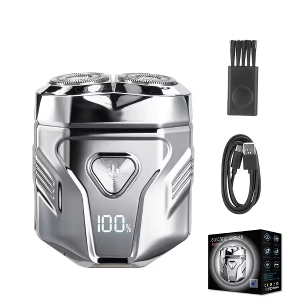 Silver GEC electric shaver with cleaning brush, USB cable, and retail box