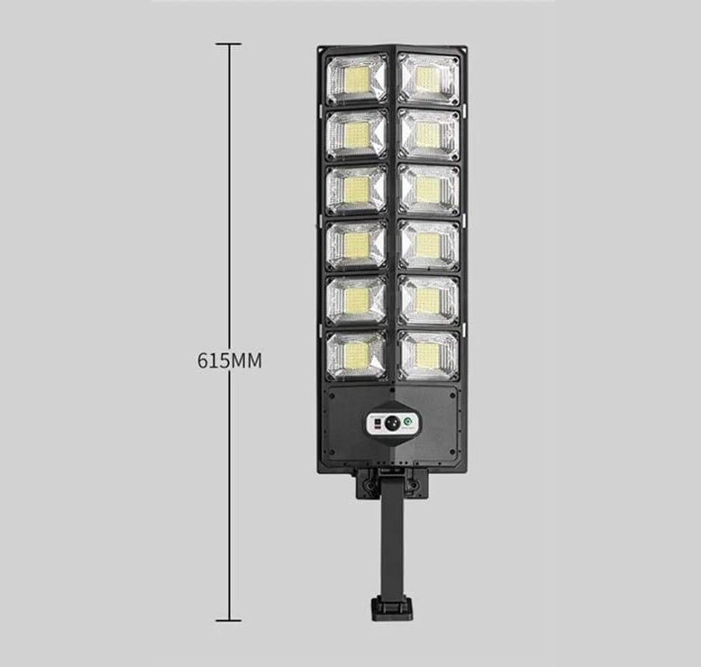 Solar sensor outdoor light with 12 LED panels and a mounting pole; 615 mm tall.