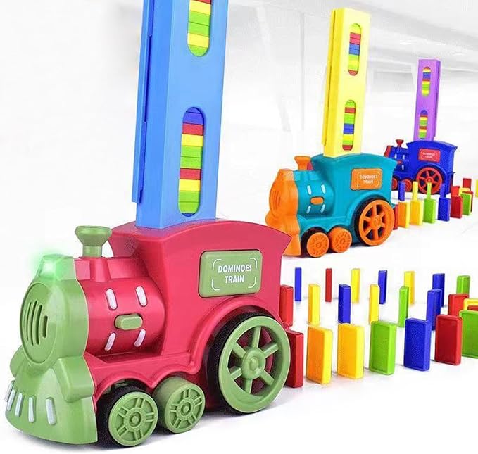 Automatic domino train set with colorful locomotives, loading towers, and rows of dominoes