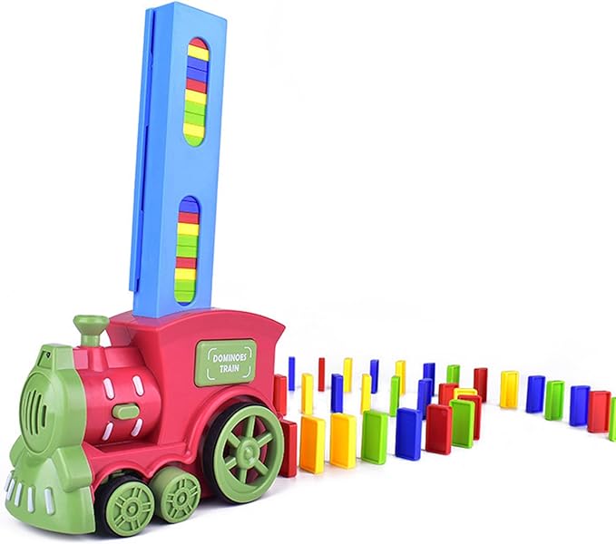 Red and green automatic domino train with blue loading tower and colorful dominoes