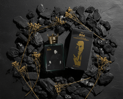 804 Imran perfume in a green glass bottle with a crown-shaped cap beside its black box.