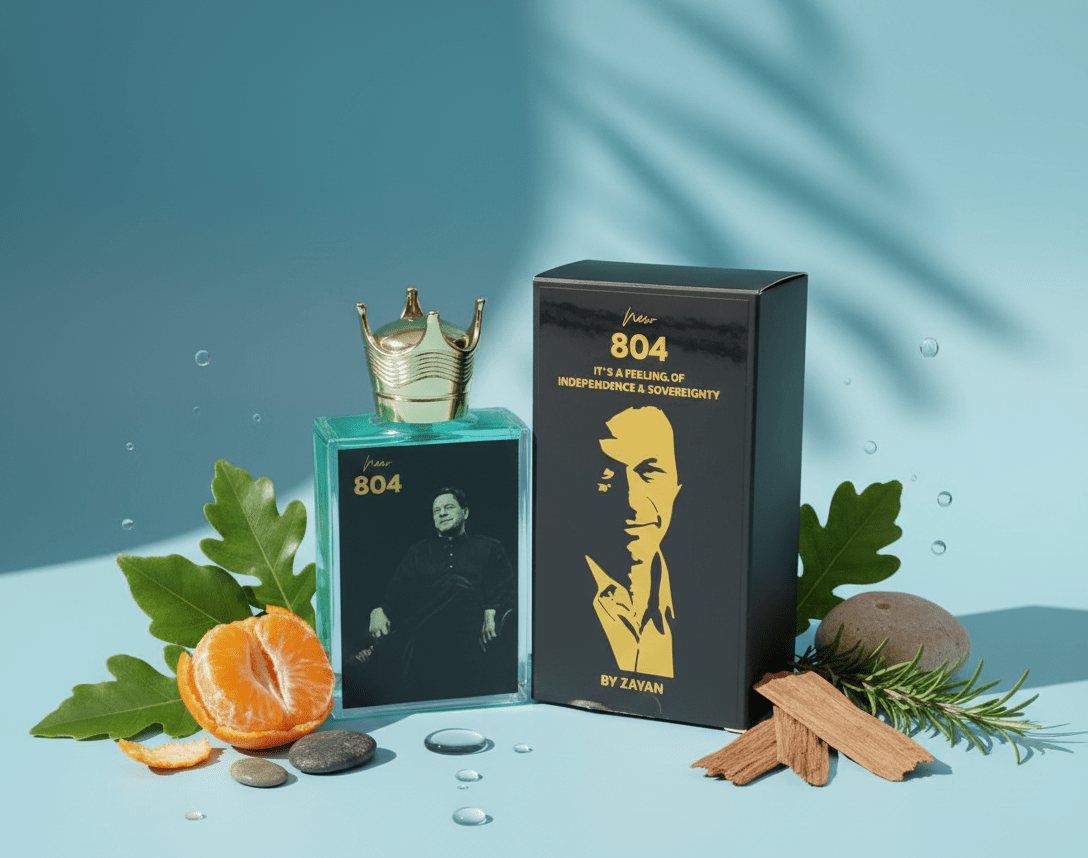 804 Imran perfume bottle and black box with a gold portrait design.