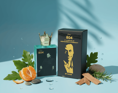 804 Imran perfume bottle and black box with a gold portrait design.