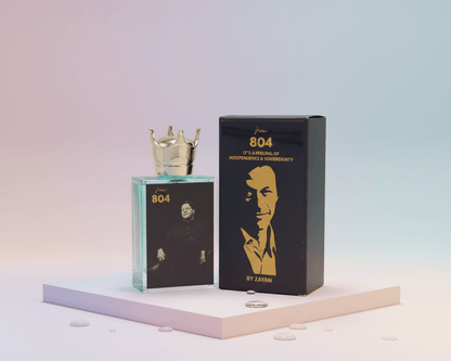 804 Imran perfume set with a green glass bottle, crown-shaped cap, and black box.