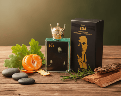 804 Imran perfume bottle and box, shown with a crown-shaped cap and gold graphics.