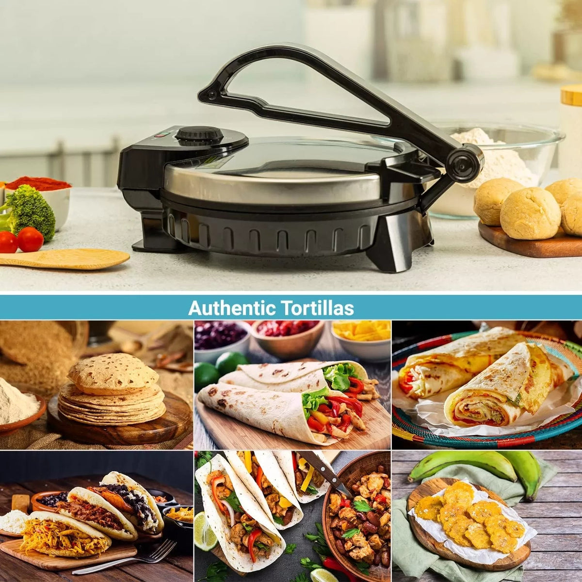 Electric roti maker with stainless steel lid, black cooking plate and long handle