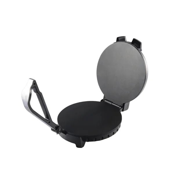 Open electric roti maker with two round black plates and a long stainless steel handle