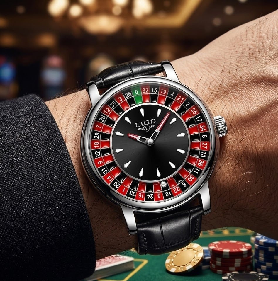 LIGE roulette dial watch with black leather strap, silver case, and numbered roulette-style bezel