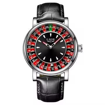 Front view of the LIGE watch, showing its black dial, leather strap, and roulette-style bezel
