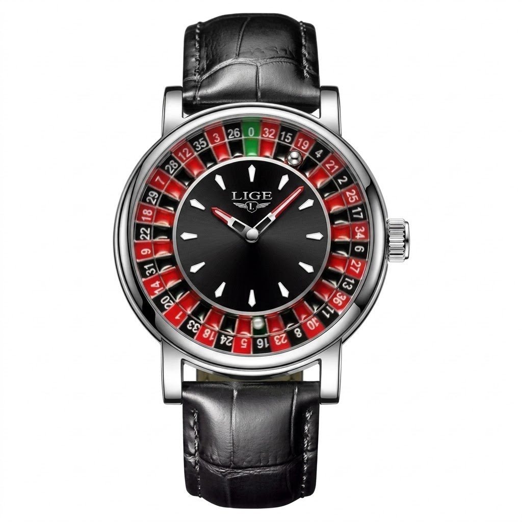 Close view of the LIGE roulette watch face, black dial, silver case, and black leather strap
