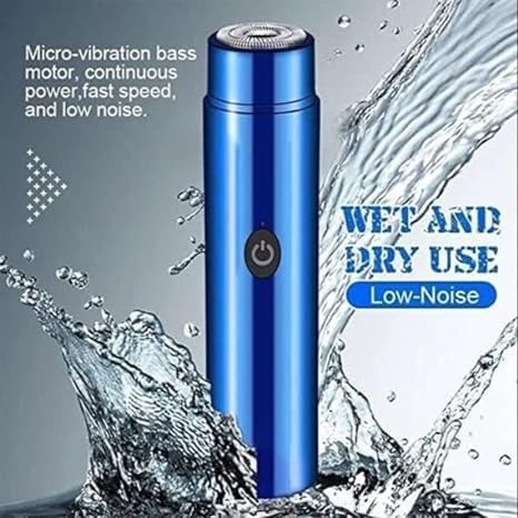 Blue MAXTOP portable mini electric shaver with a round foil head and power button