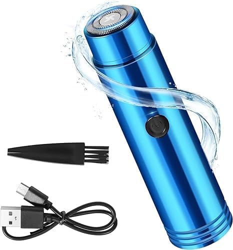 Blue MAXTOP mini electric shaver with USB cable and cleaning brush