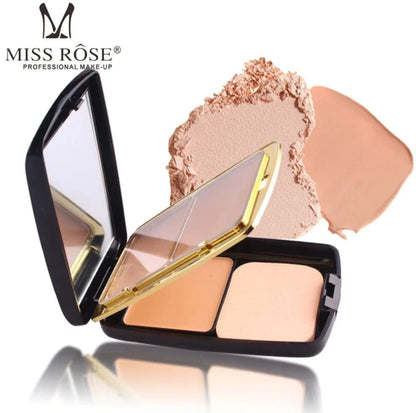Miss Rose compact powder with two beige pans and a hinged mirror