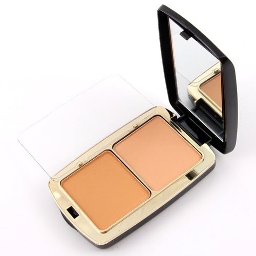 Miss Rose 2-in-1 compact powder open to show two warm beige pans and mirror