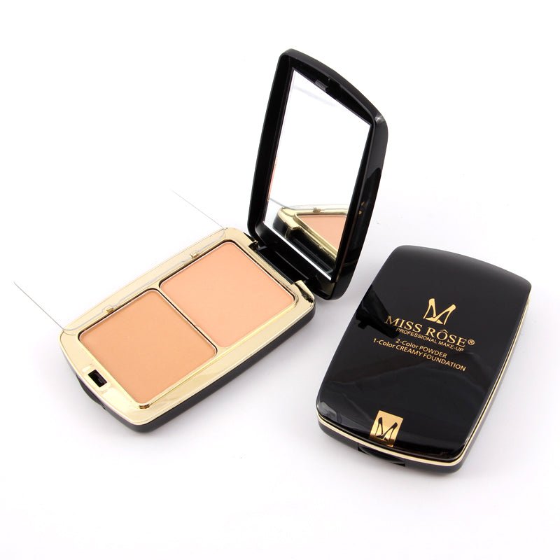 Miss Rose compact powder shown open with two pans and closed black case