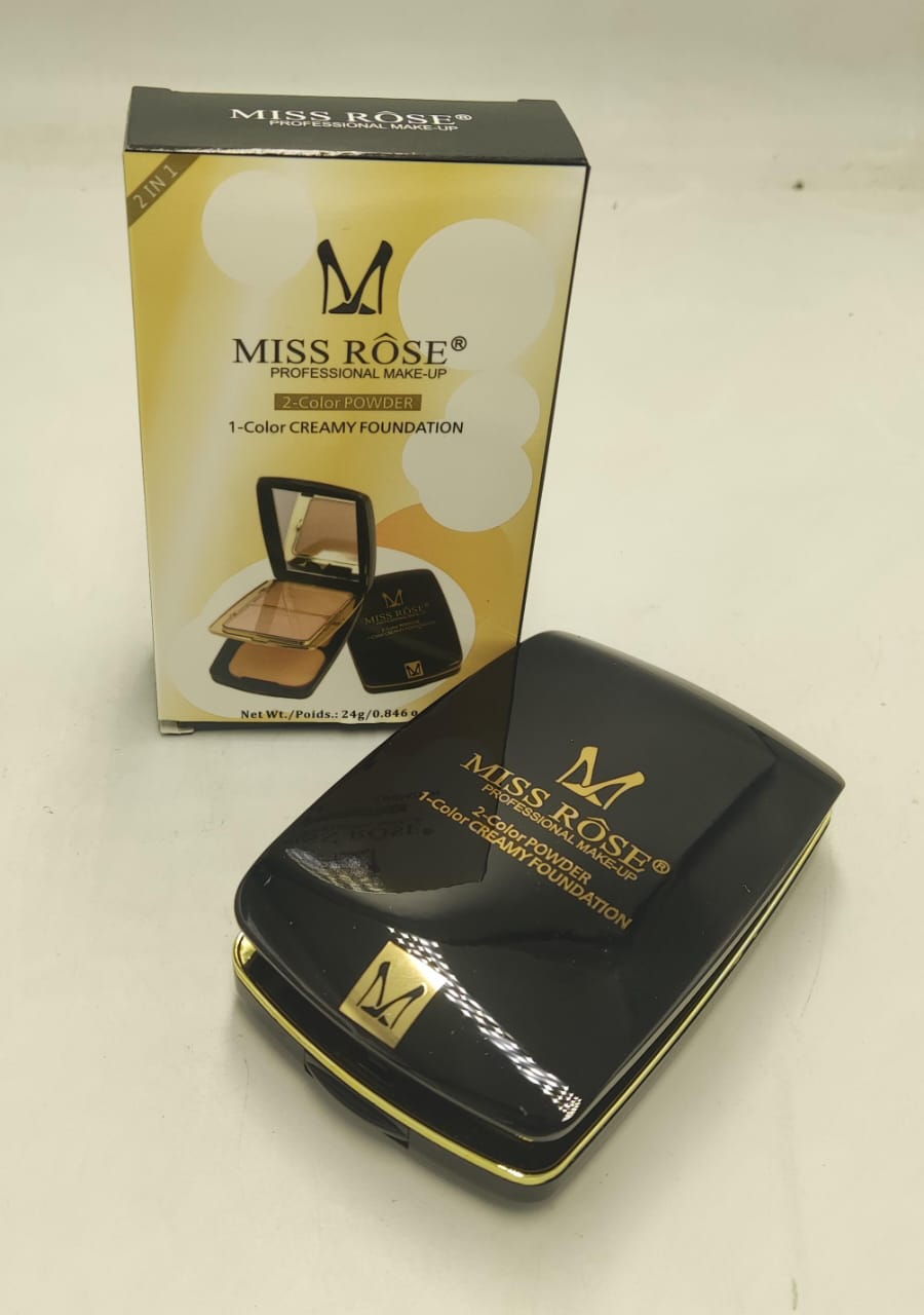Miss Rose compact powder in black case beside its retail box