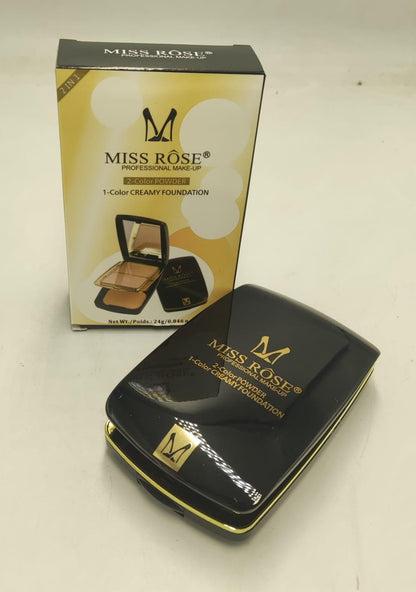 Miss Rose compact powder in black case beside its retail box