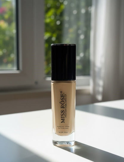 Miss Rose liquid foundation in a clear 30 ml bottle with a black cap, Sand shade