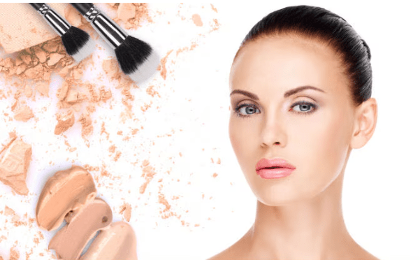 Miss Rose liquid foundation swatches in several skin-tone shades beside makeup brushes and a model