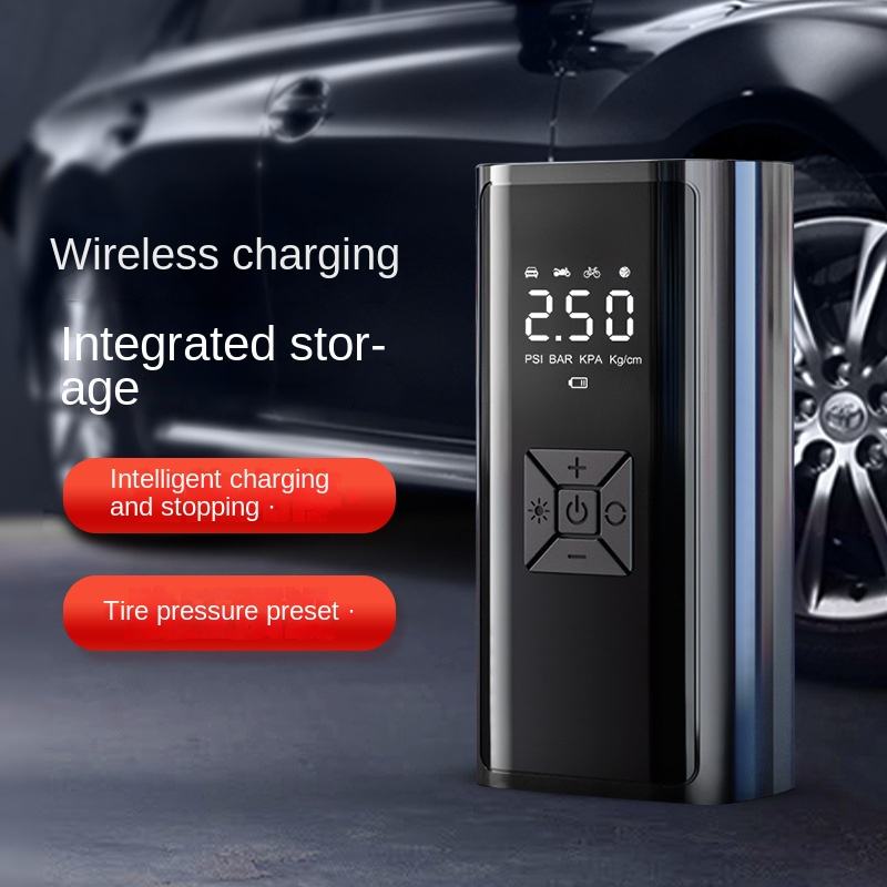 Digital air compressor with display and controls, shown beside a car tire.