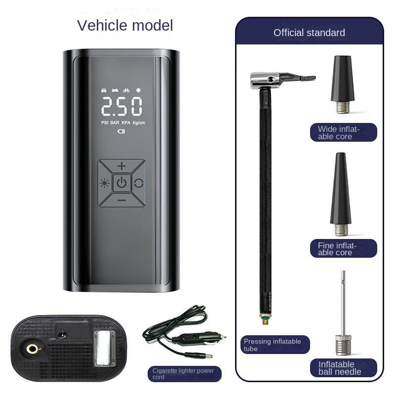 Digital air compressor kit with charging cord, hose, inflation nozzles, and ball needle.