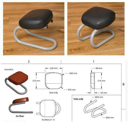 Padded aid seat shown in black and brown, with a loop-shaped metal base and dimension diagram