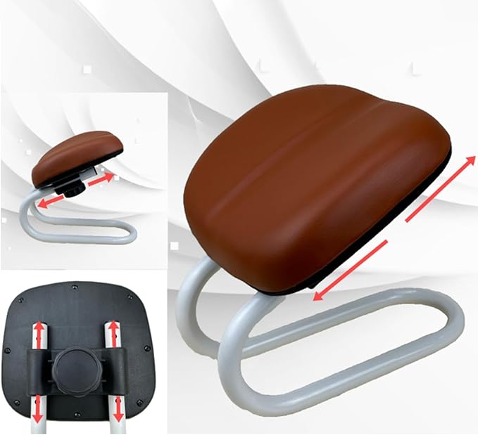 Brown padded aid seat with silver frame and adjustable cushion shown in detail