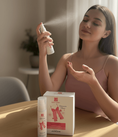 Rose Berry dress perfume spray being applied, with bottle and box on a table