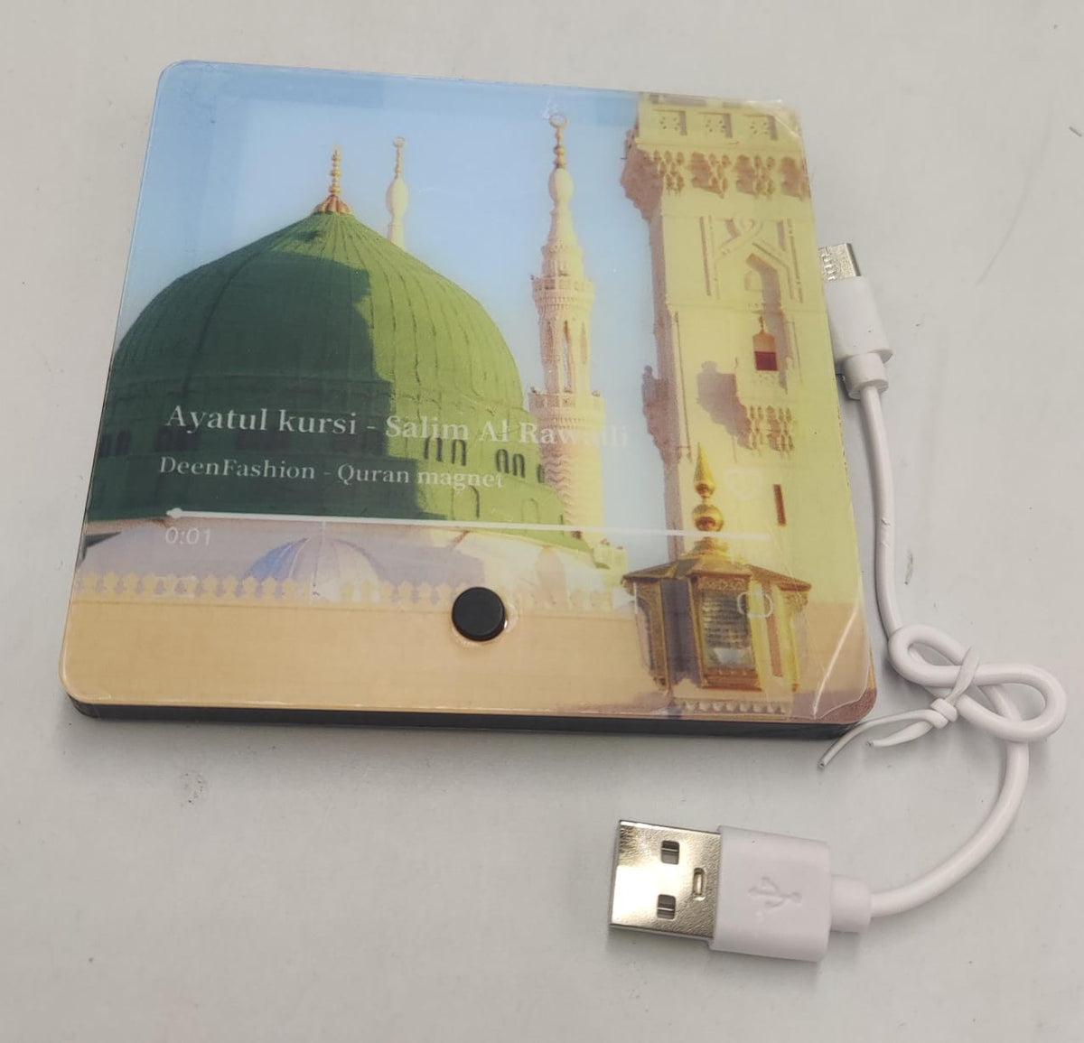 Islamic LED audio speaker with green dome and mosque artwork, black button and USB cable