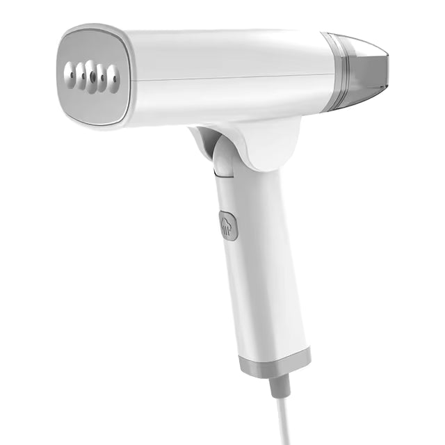 TOBI handheld garment steamer in white with a folding handle and steam vents
