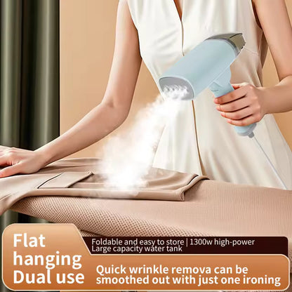 White handheld garment steamer releasing steam over a garment laid flat