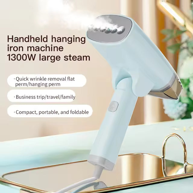 White handheld garment steamer with a folding handle and four steam vents