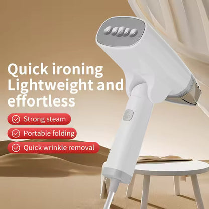 White handheld garment steamer with a folding handle and gray steam plate