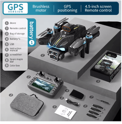 Smart GPS camera drone kit with screen controller, carrying case, spare propellers, and accessories