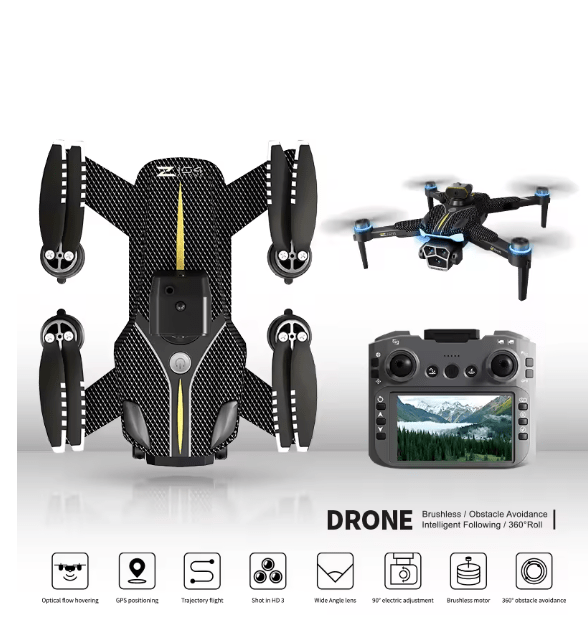 Smart GPS camera drone shown from above beside its screen controller and in-flight view