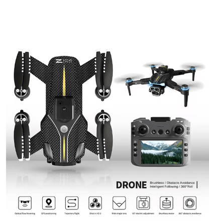 Smart GPS camera drone shown from above beside its screen controller and in-flight view